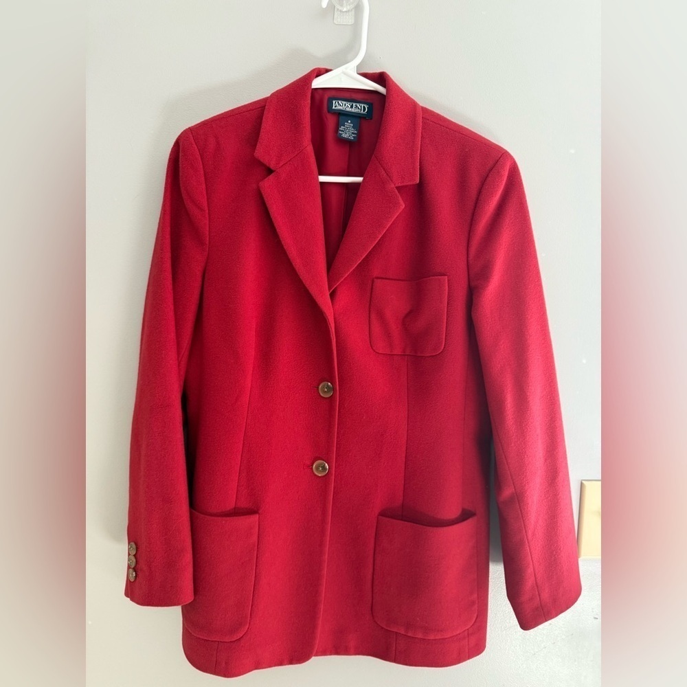 Lands End Button Up Blazer Jacket Women’s SZ 8P Red Wool Cashmere Blend Career